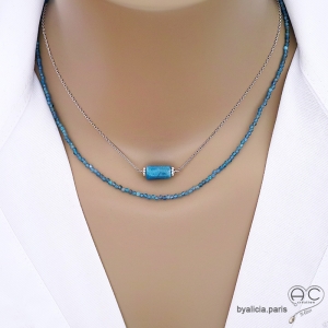 collier ras du cou bleu femme en pierre naturelle apatite et argent massif fabriqué à la main sur mesure en France