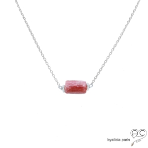 collier fin en rhodochrosite et argent massif, ras de cou, choker en pierre semi-précieuse rose