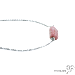 ras de cou rose en argent massif et pierre naturelle rhodochrosite réalisé à la main en France