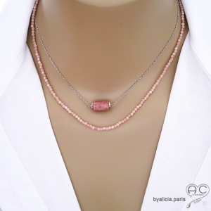 collier ras de cou rose créateur pour femme en pierre naturelle rhodochrosite et argent 925 fait main sur mesure