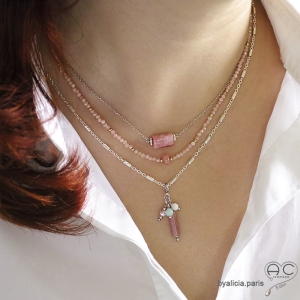 ras de cou rose femme en argent 925 et pierre rhodochrosite fabriqué à la main en France