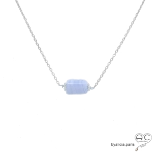 collier fin en calcédoine bleue et argent massif, ras de cou, choker en pierre semi-précieuse bleue lavande fait main sur mesure
