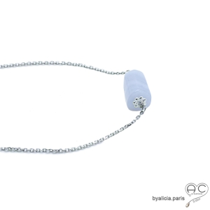 ras du cou bleu clair femme en argent 925 et pierre calcédoine bleue réalisé à la main en France