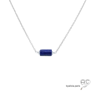 collier fin en lapis-lazuli bleue et argent massif, ras de cou, choker en pierre semi-précieuse bleue
