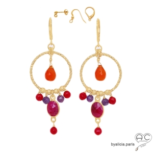 Boucles d'oreilles anneaux avec pampilles en cornaline, sillimanite rubis, plaqué or, création by Alicia