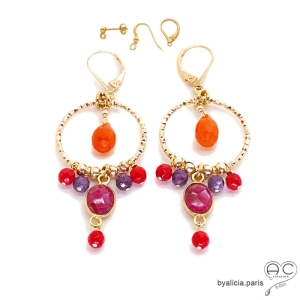 boucles d'oreilles rouge orange femme en plaqué or et pampilles en pierres naturelles