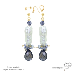 Boucles d'oreilles pendantes en perle baroque et iolite, orginales, fait main, création by Alicia