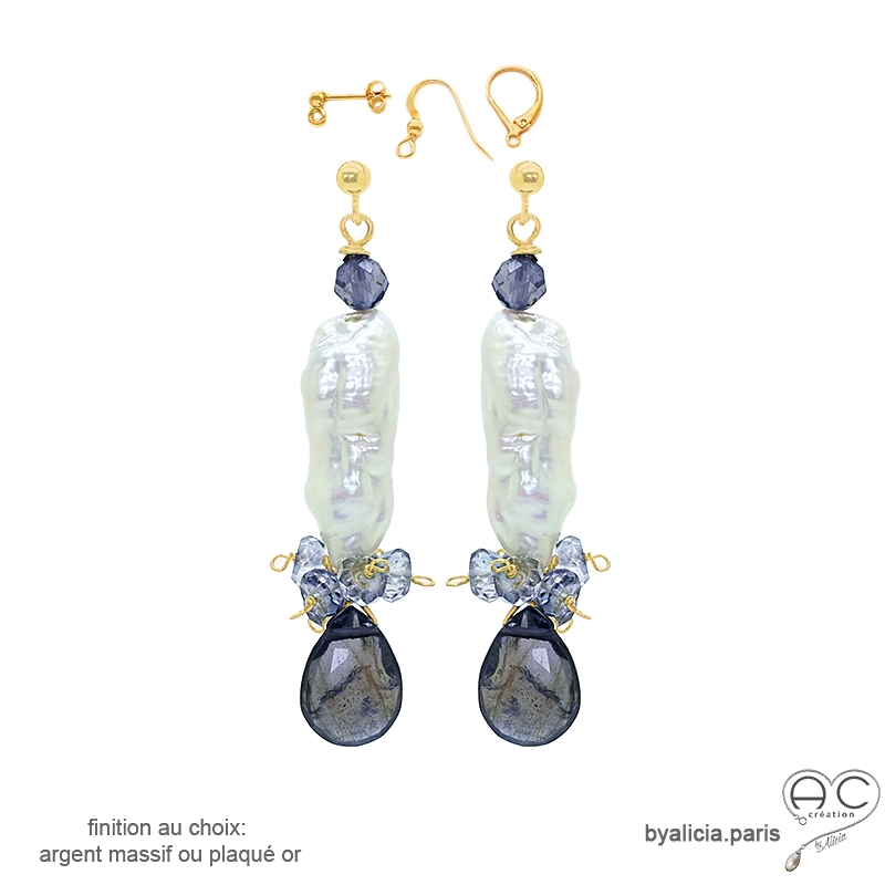 Boucles d'oreilles pendantes en perle baroque et iolite, orginales, fait main, création by Alicia Boucles d'oreilles pendantes en perle baroque et iolite, orginales, fait main, création by Alicia