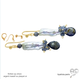 perle baroque et iolite boucles d'oreilles en plaqué or ou en argent avec pierres naturelles, pendantes, réalisées à la main