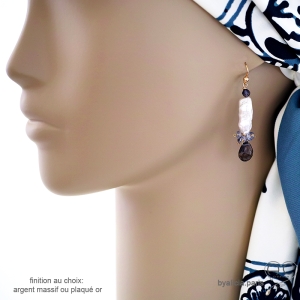 Boucles d'oreilles en perle baroque et iolite, plaqué or ou argent, femme, pendantes, orginales, fait main en France