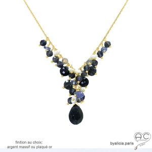 collier bleu marine femme pampilles en pierre naturelle saphir d'eau iolite sur une chaîne en argent ou plaqué or