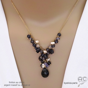 Collier avec pampilles en saphir d'eau (iolite) sur une chaîne en plaqué or ou en argent, création by Alicia