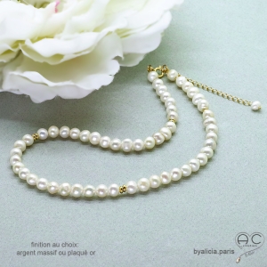 collier en perles de culture d'eau douce, plaqué or ou argent massif, ras de cou femme en perles naturelles blanches