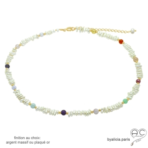 collier en perles de culture d'eau douce et pierres semi-précieuses multi-couleur, plaqué or ou argent massif, ras de cou femme