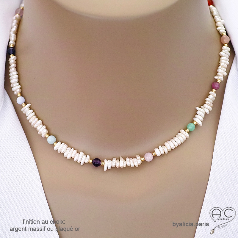 Collier perles d'eau douce et pierres semi-précieuses, plaqué or ou argent, fait main, création by Alicia Collier perles d'eau douce et pierres semi-précieuses, plaqué or ou argent, fait main, création by Alicia