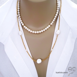 ras de cou blanc en perles de culture d'eau douce, collier de perles naturelles réalisé à la main