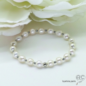 Bracelet perles véritables d'eau douce blanches et argent massif, fait main, création by Alicia