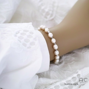 bracelet perles d'eau douce blanches et argent massif, bracelet femme en perles véritables sur un élastique, fati main