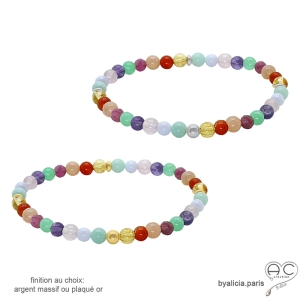 bracelet fin multicolore en pierres naturelles et plaqué or ou argent, bracelet pierres sur un élastique