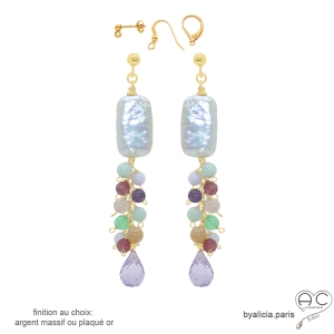 Boucles d'oreilles pendantes en perle baroque et pierres multicolores, orginales, fait main, création by Alicia