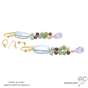 Boucles d'oreilles pendantes multi-couleyr en pierres semi-précieuses et perle baroque, orginales réalisées à la main