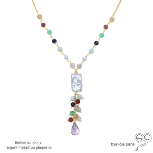 Collier avec long pendant en perle baroque et pampilles multi-couleurs en pierres semi-précieuses, plaqué or ou argent massif