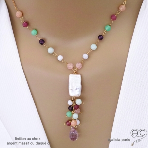 Collier multicolor avec long pendant en perle baroque et pampilles en pierres naturelles, création by Alicia