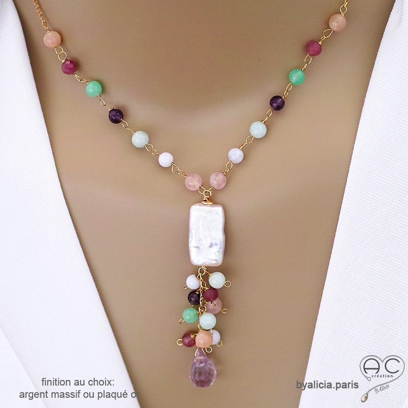 Collier multicolor avec long pendant en perle baroque et pampilles en pierres naturelles, création by Alicia Collier multicolor avec long pendant en perle baroque et pampilles en pierres naturelles, création by Alicia