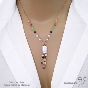 ras de cou avec long pendant multicolor en pierres naturelles et perl baroque, réalisé à la main sur mesure en France