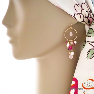 boucles d'oreilles roses femme, anneau en plaqué or avec pampilles en quartz rose et pierres naturelles fait sur mesure