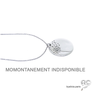 Médaille ronde avec une fleur de pissenlit gravée en argent 925 rhodié, femme, tendance, bohème