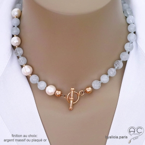 Collier aigue-marine et perles de culture d'eau douce avec grand fermoir, ras de cou, création by Alicia