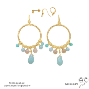 boucles d'oreilles pendantes femme anneaux diamantées en plaqué or avec pampilles en amazonite et pierre du soleil