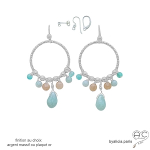 boucles d'oreilles pendantes femme anneaux diamantées en argent massif avec pampilles en amazonite et pierre du soleil