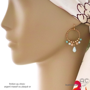 Boucles d'oreilles anneaux avec pampilles, amazonite, pierre du soleil, plaqué or ou argent, création by Alicia
