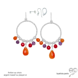 boucles d'oreilles anneaux diamantées en argent massif avec pampilles en cornaline et améthyste, boucles femme fait main