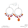 boucles d'oreilles anneaux diamantées en argent massif avec pampilles en cornaline et améthyste, boucles femme fait main