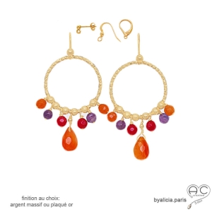boucles d'oreilles anneaux diamantées en plaqué or avec pampilles en cornaline et améthyste, boucles femme fait main