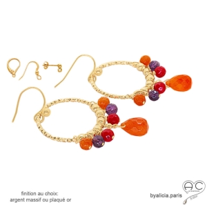 boucles d'oreilles oranges femme en plaqué or ou argent massif et pierre cornaline réalisées à la main en France