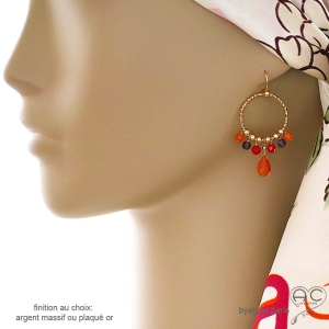 Boucles d'oreilles anneaux avec pampilles en cornaline et améthyste, plaqué or ou argent, création by Alicia