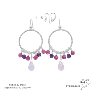 boucles d'oreilles anneaux diamantées en argent massif avec pampilles en quartz rose et améthyste, boucles femme fait main