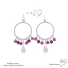 boucles d'oreilles anneaux diamantées en argent massif avec pampilles en quartz rose et améthyste, boucles femme fait main
