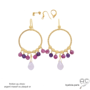 boucles d'oreilles anneaux diamantées en plaqué or avec pampilles en quartz rose et améthyste, boucles femme fait main