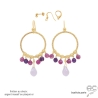 boucles d'oreilles anneaux diamantées en plaqué or avec pampilles en quartz rose et améthyste, boucles femme fait main