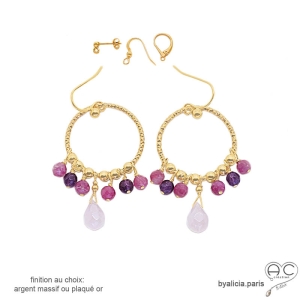 boucles d'oreilles grandes pendantes rondes en plaqué or ou en argent massif avec quartz rose