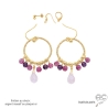 boucles d'oreilles grandes pendantes rondes en plaqué or ou en argent massif avec quartz rose