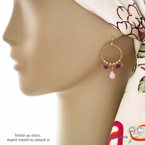 Boucles d'oreilles anneaux avec pampilles en quartz rose et tourmaline, plaqué or ou argent, création by Alicia