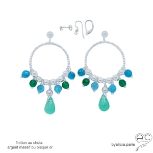 boucles d'oreilles anneaux diamantées en argent massif avec pampilles en agate verte et apatite, boucles femme fait main