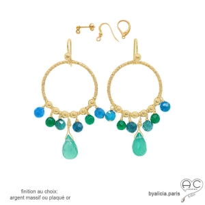 boucles d'oreilles anneaux diamantées en plaqué or avec pampilles en agate verte et apatite, boucles femme fait main