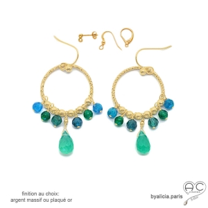 boucles d'oreilles grandes vertes pendantes femme en pierres semi-précieuses verte et bleue fait sur mesure en France